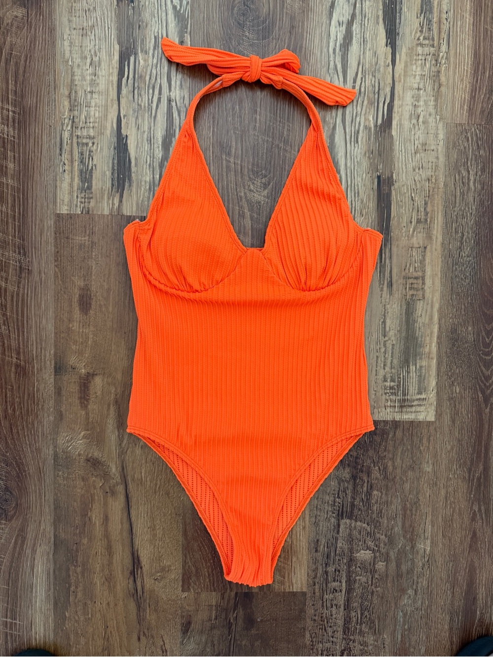 SHEIN Solid Halter Textured One Piece Neon Orange Swimsuit